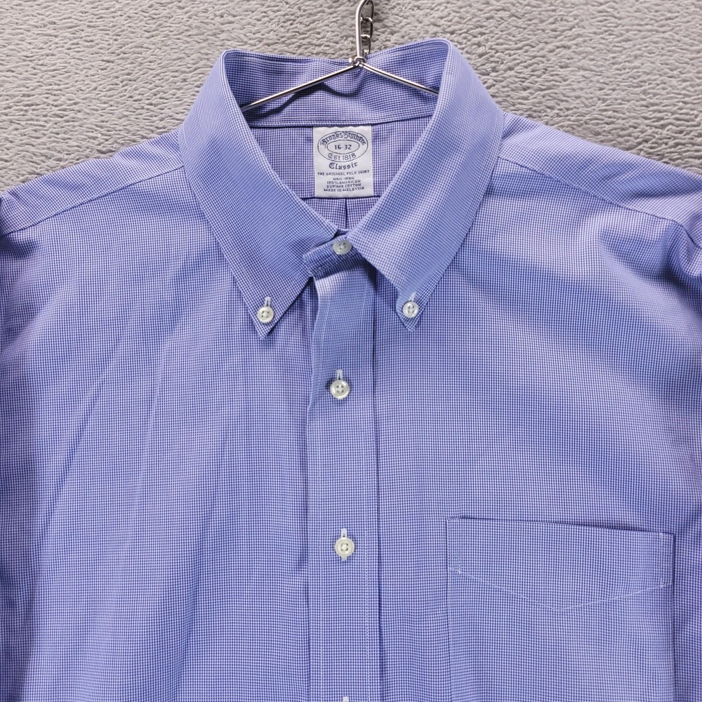 Brooks Brothers Shirt Mens 16 32/33 Blue Houndstooth Oxford Supima Cotton